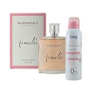 Suddenly - Set di profumi femminili da donna, Eau de Parfum 75 ml e deodorante 200 ml, fragranza sensuale floreale con legno di sandalo, vaniglia e fiori bianchi