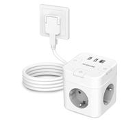 SUDEERY Ciabatta elettrica 6 in 1 con USB C, 3 prese, spina piatta con commutazione singola, multipresa cubo con cavo da 2 m, 1 spina USB di tipo C, per ufficio, casa, viaggi (bianco)
