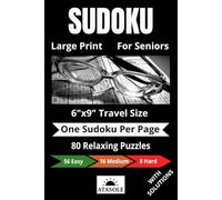 Sudoku Book for Adults Large Print With Solutions | One Sudoku Per Page | 6"x9" Travel Size | 80 Relaxing Puzzles | 56 Easy, 16 Medium, 8 Hard |