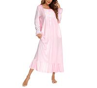 Suelinvy Camicia da notte da donna a maniche lunghe con ricami vittoriani camicie da notte con volant carino abito da notte pigiama vestito S-XXL, Rosa, XXL