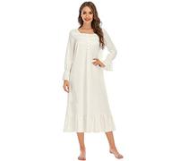 Suelinvy Camicia da notte da donna a maniche lunghe con ricami vittoriani camicie da notte con volant carino abito da notte pigiama vestito S-XXL, Bianco, L