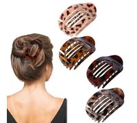 Suerteyay Hair Clips, 4Pcs Flat Oval Hair Clips for Women, Round Lay-Flat French Barrettes, Stylish Curved Blliptical Flat Hairs Clips Non-slip (Leopard)