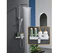 Süßren Sistema doccia cromato, rubinetto doccia regolabile in altezza, set completo con rotazione a 360°, con rubinetto, doccetta con tre modalità di spruzzo, 35 x 14 cm, ripiano in vetro, 33 x 21 cm