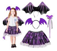 SUFANG Costume da pipipistrello, 4 pezzi, per Halloween, per bambini, con bacchetta magica + cerchietto + ali + tutù gonna per Halloween, carnevale, cosplay e feste a tema
