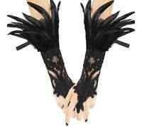 SUFANG Guanti di Piume da Donna Guanti Lunghi Senza Dita in Pizzo Vintage Guanti in Pizzo con Piume Guanti Senza Dita in Pizzo lunghi guanti a rete gotica per Halloween Giochi di Ruolo Festa