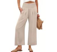 Sufficientn - Pantaloni Palazzo Continentau, da donna, con punto smock in vita, gamba larga, abbigliamento casual per vacanze al mare, Cachi chiaro, L