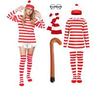 Suffolly Set di 5 magliette a righe rosse e bianche per adulti, costume da Wally, cappello, t-shirt, sciarpa, occhiali, costume di Halloween per uomini e donne (donne, S)