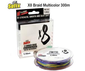 SUFIX X8 TRECCIATO MULTICOLOR 300 MT DIAM 0,148 MM 8 CARRIER BRAID PE 08 METERED