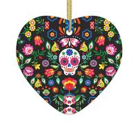Sugar Horror Skull and Flowers Hanging Ceramic Heart Sign Wall Sign Love Plaque Gift Friends Happy Xmas Gifts Home Dector