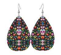 Sugar Horror Skull and Flowers Holiday Orecchini per le donne, orecchini pendenti a stella festiva, gioielli pendenti chic per celebrazioni, One Size, Pelle