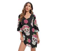 Sugar Skulls Abito da festa hawaiano con maniche a 3/4 e scollo a V casual nero floreale rosa, Sugar Skulls Rosa Floreale Nero, XX-Large