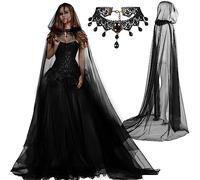 Suhine Set per costume da fantasma di Halloween, mantello da strega, mantello stregato in tulle con cappuccio e girocollo in pizzo gotico per donna, per cosplay da sposa (nero, 180 cm)