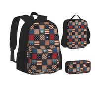 SUHNGE Basset Hound Dog Summer Bus Palme Stampa Zaino Lunch Box Set, 3 in 1 Scuola Bookbag e Astuccio Bundle Matching Combo, Bandiera americana patchwork, Taglia unica
