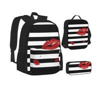 SUHNGE Basset Hound Dog Summer Bus Palme Stampa Zaino Lunch Box Set, 3 in 1 Scuola Bookbag e Astuccio Bundle Matching Combo, Bocca rossa stampata a strisce bianche e nere, Taglia unica