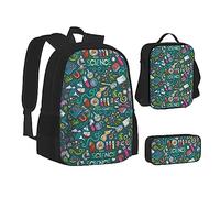 SUHNGE Borsa portapranzo 3 in 1 con stampa con paillettes dorate e glitter, set di zaini per la scuola per bambini, Tema della scienza dei cartoni animati., Taglia unica