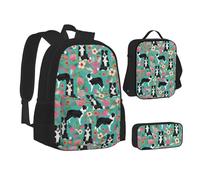 SUHNGE Brown Mucca Macchie Stampa Teenage Bookbag Lunch Bag Pencil Case 3 in 1 Scuola Zaini Set Bambini Zaino, Border Collie Fiori, Taglia unica