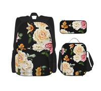 SUHNGE Dahlia - Zaino scolastico 3 in 1 con stampa floreale, set con portapranzo, astuccio da viaggio per laptop, Rosa shabby color panna, Taglia unica