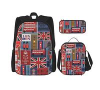 SUHNGE Dusky Rose Print 3 in 1 Set di borse a tracolla regolabile zaino pranzo borsa portamatite astuccio scatola, Inghilterra simboli, Taglia unica