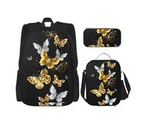SUHNGE Glittery Pretty Pattern Stampa 3 in 1 Bookbags Set Spalla Regolabile Zaino Pranzo Borsa Portapranzo Astuccio Astuccio, Oro Bianco Farfalle Nero, Taglia unica