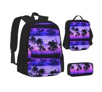 SUHNGE Graziosa borsa per il pranzo con stampa a pois per adolescenti, 3 in 1, zaino per la scuola set zaino per bambini, Palma Albero Viola Tramonto, Taglia unica