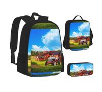 SUHNGE Hardwoods - Set di zaino per il pranzo con stampa mimetica verde, 3 in 1, borsa per la scuola e astuccio, Azienda agricola Trattore, Taglia unica