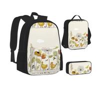 SUHNGE Hen Flying Butterflies Among Flowers - Set 3 in 1 con zaino e astuccio per la scuola e astuccio abbinabili, Gallina Farfalle Volare Tra Fiori, Taglia unica