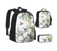 SUHNGE Molti ciottoli neri stampa adolescente Bookbag Lunch Bag Pencil Case 3 in 1 Scuola Zaini Set Bambini Zaino, Modello di uccello di bambù, Taglia unica