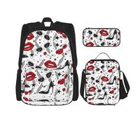 SUHNGE Pittura Giapponese Stampa Fungo 3 in 1 Bookbags Set Zaino Spalla Regolabile Borsa Pranzo Borsa Matita Astuccio Scatola, Labbra Tacchi Alti, Taglia unica