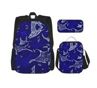 SUHNGE Pittura Giapponese Stampa Fungo 3 in 1 Bookbags Set Zaino Spalla Regolabile Borsa Pranzo Borsa Matita Astuccio Scatola, Manta Ray e Pesce, Taglia unica