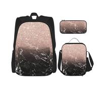 SUHNGE Pittura Giapponese Stampa Fungo 3 in 1 Bookbags Set Zaino Spalla Regolabile Borsa Pranzo Borsa Matita Astuccio Scatola, Marmo Colore Oro Rosa, Taglia unica