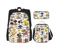 SUHNGE Pittura Giapponese Stampa Fungo 3 in 1 Bookbags Set Zaino Spalla Regolabile Borsa Pranzo Borsa Matita Astuccio Scatola, Pittura giapponese fungo, Taglia unica