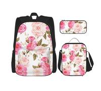 SUHNGE Set 3 in 1 con stampa di animali della fattoria, zaino a tracolla regolabile, borsa per il pranzo, astuccio per matite, Fiore Floreale Rosa Rosa, Taglia unica