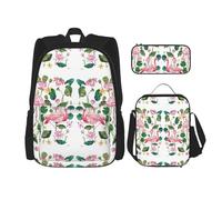SUHNGE Set 3 in 1 con stampa di animali della fattoria, zaino a tracolla regolabile, borsa per il pranzo, astuccio per matite, Foglie rotonde di fenicottero, Taglia unica