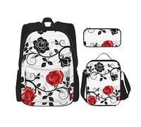 SUHNGE Set 3 in 1 con stampa di animali della fattoria, zaino a tracolla regolabile, borsa per il pranzo, astuccio per matite, Rosa Floreale Con Foglie, Taglia unica