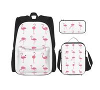 SUHNGE Set 3 in 1 con stampa di animali della fattoria, zaino a tracolla regolabile, borsa per il pranzo, astuccio per matite, Fenicotteri su bianco, Taglia unica
