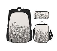 SUHNGE Set 3 in 1 con stampa di animali della fattoria, zaino a tracolla regolabile, borsa per il pranzo, astuccio per matite, Incisione botanica con erbe floreali, Taglia unica