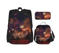 SUHNGE Set 3 in 1 con stampa di animali della fattoria, zaino a tracolla regolabile, borsa per il pranzo, astuccio per matite, Fuochi d'artificio, Taglia unica