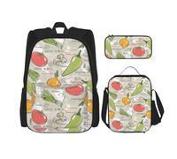 SUHNGE Set 3 in 1 con stampa di unicorni rosa, zaino a tracolla regolabile, borsa per il pranzo, astuccio per matite, Frutta vegetale, Taglia unica