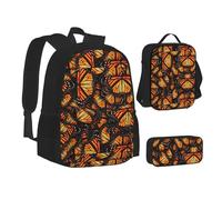 SUHNGE Set 3 in 1 con stampa in marmo bianco e oro rosa, per adolescenti, borsa per il pranzo, zaino per la scuola, Heaps of Orange Monarch Butterflies, Taglia unica
