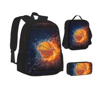 SUHNGE Set 3 in 1 con zaino e astuccio per la scuola con stampa della bandiera tedesca, set coordinato, Pallacanestro su fuoco e acqua fiamma Splashing, Taglia unica