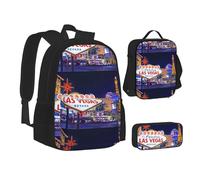 SUHNGE Set 3 in 1 con zaino e astuccio per la scuola con stampa della bandiera tedesca, set coordinato, Città notturna di Las Vegas, Taglia unica