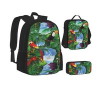 SUHNGE Set 3 in 1 con zaino e astuccio per la scuola con stampa di porcellini d'India e Cupcakes, Ara e Tucano Perching delle foreste pluviali americane, Taglia unica