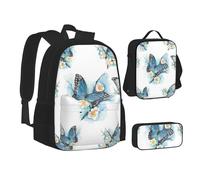 SUHNGE Set 3 in 1 con zaino e astuccio per la scuola con stampa di porcellini d'India e Cupcakes, Farfalla blu su fiore, Taglia unica