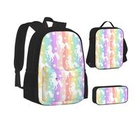 SUHNGE Set 3 in 1 con zaino per la festa del papà e scritta "Love Dad" e astuccio per la scuola, Unicorni su strisce colorate, Taglia unica