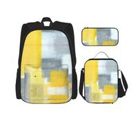 SUHNGE Set 3 in 1 di borse per libri con stampa di animali verdi, zaino a tracolla regolabile, borsa per il pranzo, astuccio per matite, Pittura d'arte astratta grigia e gialla, Taglia unica