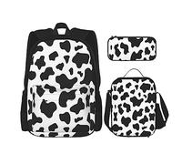 SUHNGE Set 3 in 1 di borse per libri con stampa di esagoni e diamanti blu, zaino a tracolla regolabile, borsa per il pranzo, astuccio per matite, Leopardo bianco e nero, Taglia unica