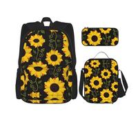 SUHNGE Set 3 in 1 di borse per libri con stampa floreale, zaino a tracolla regolabile, borsa per il pranzo, astuccio per matite, Girasoli floreali., Taglia unica
