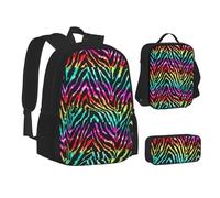 SUHNGE Set con zaino e portapranzo colorato con stampa pesca, 3 in 1, borsa per la scuola e astuccio abbinato, Zebra arcobaleno colorato, Taglia unica