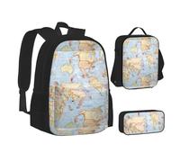 SUHNGE Set di zaini per la scuola 3 in 1 con stampa di mappe del mondo per adolescenti, borsa per il pranzo, zaino per bambini, Mappe del Mondo 2, Taglia unica