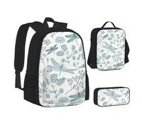 SUHNGE Set di zaini per la scuola 3 in 1 con stampa di mappe del mondo per adolescenti, borsa per il pranzo, zaino per bambini, Fiore libellula., Taglia unica